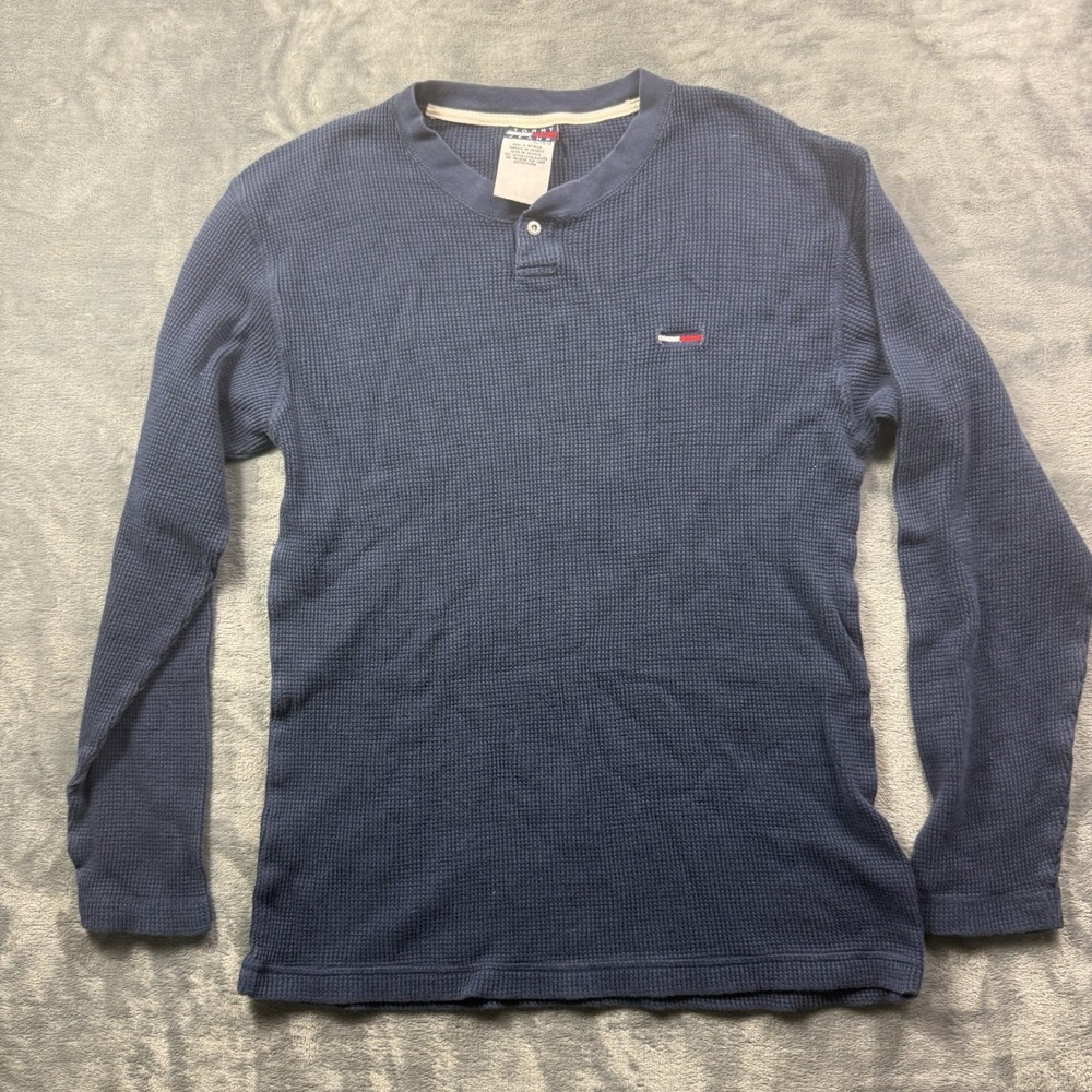 Y2K Tommy Hilfiger Men's Blue Waffle Knit Henley Long Sleeve Shirt Logo Patch XL